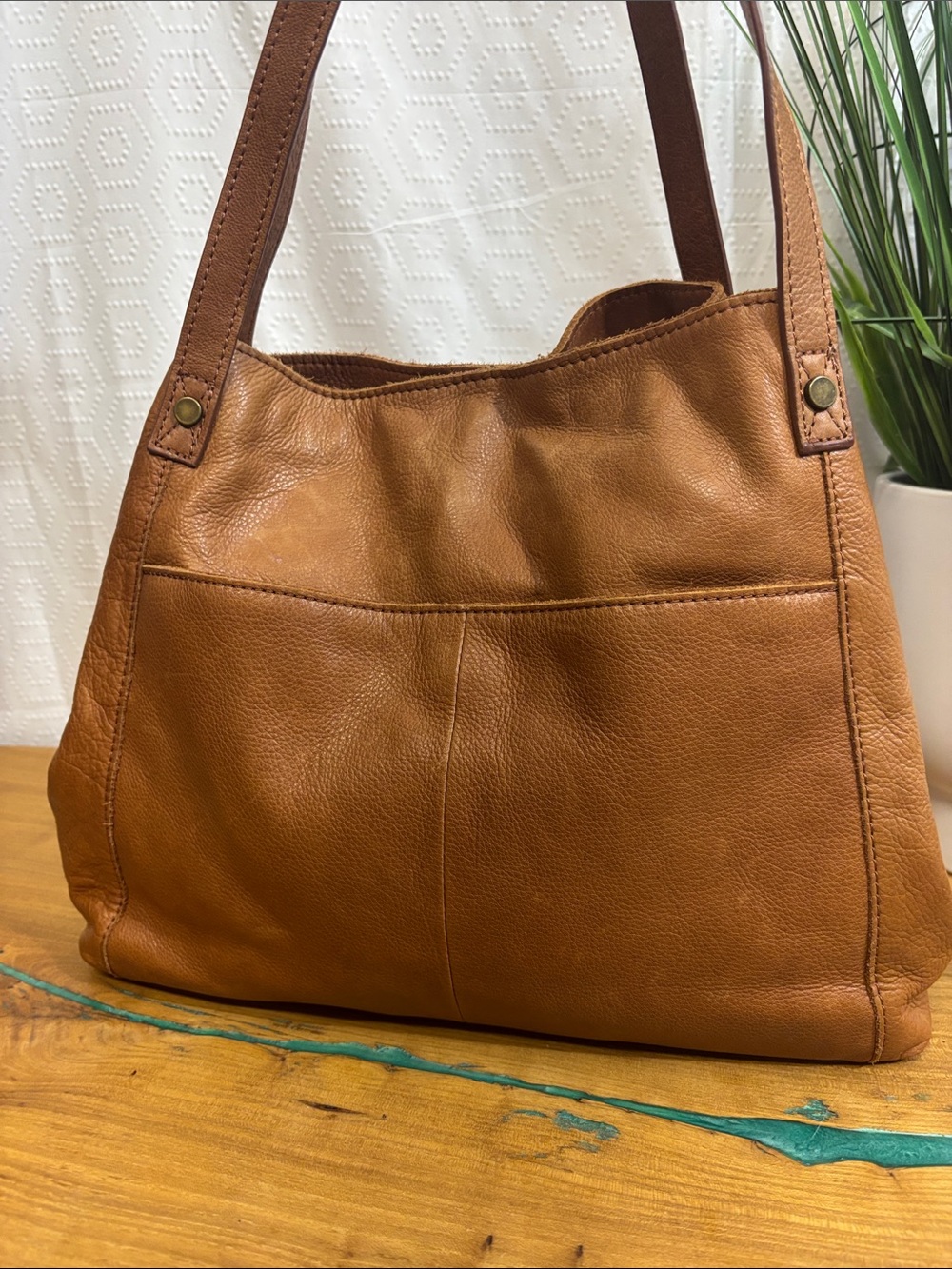 American Leather Co. Cognac Brown Genuine Leather Tote Shoulder Bag - Picture 7 of 15